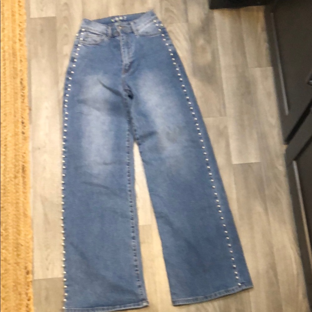 Blue Wide-Leg Jeans with Pearl Studded Detail